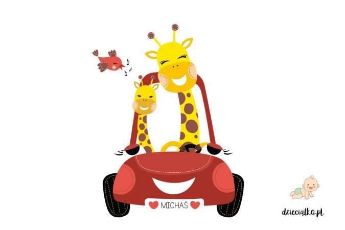 wesołe żyrafy jadą czerwonym samochodem - naklejki do pokoju dziecięcego