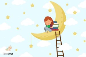 dziewczynka czyta książki na żółtym księżycu - fototapeta dla dzieci