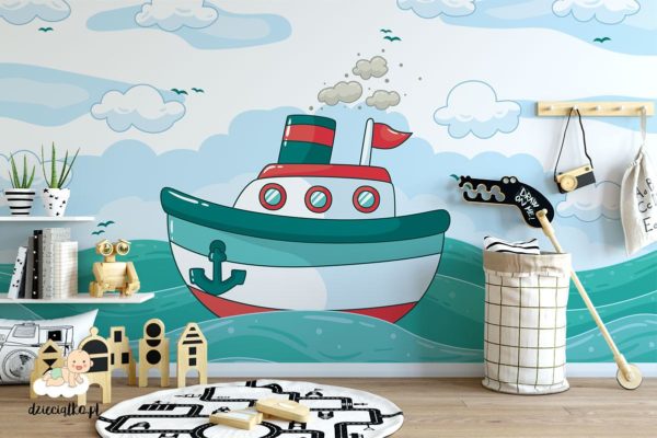 kolorowa łódź parowa wśród fal - fototapeta dla dzieci
