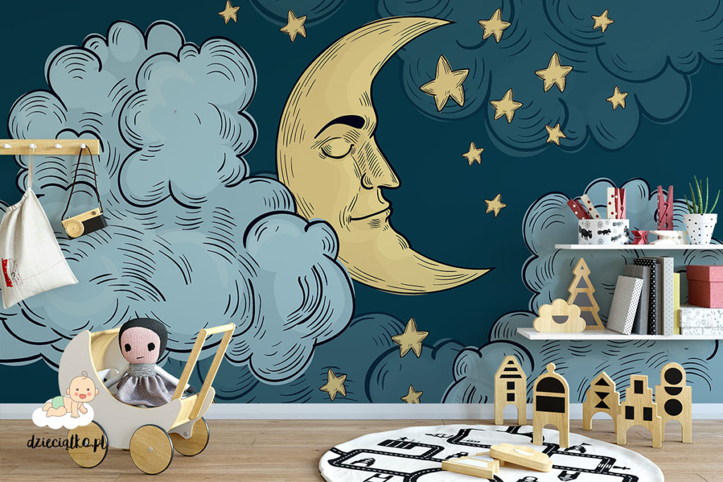 śpiący księżyc na tle nocnego nieba - fototapeta dla dzieci