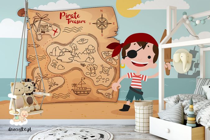 mały pirat na tle mapy skarbów - fototapeta dla dzieci
