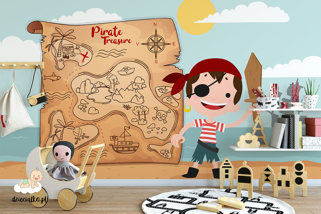 mały pirat na tle mapy skarbów - fototapeta dla dzieci