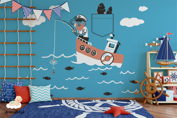 marynarz łowiący z łodzi na błękitnym morzu - fototapeta dla dzieci