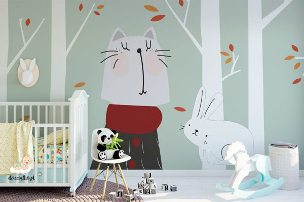 kot i królik wśród białych drzew - fototapeta dla dzieci