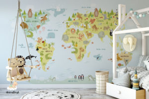 animals on the world map - children’s wall mural