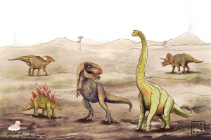 dinozaury w wulkanicznym krajobrazie - fototapeta dla dzieci