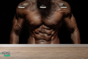 muskularny męski tors na czarnym tle - fototapeta do siłowni, klubu fitness
