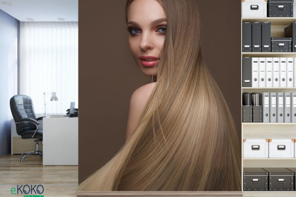piękna blondynka prezentuje długie gładkie włosy - fototapeta do salonu fryzjerskiego, kosmetycznego