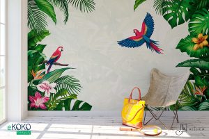 tropikalna zieleń i papugi z jasnym tłem – fototapeta