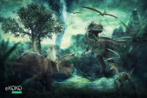 dinozaury w zielonej scenerii - fototapeta