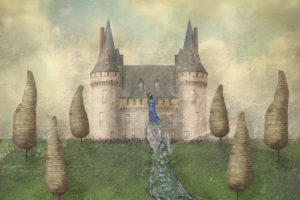 Ilustracja zamku na trawiastym wzgórzu z drzewami i pawiem - fototapeta