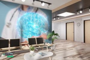 cyfrowy obraz mózgu nad ręką lekarza w fartuchu- fototapeta do gabinetu medycznego