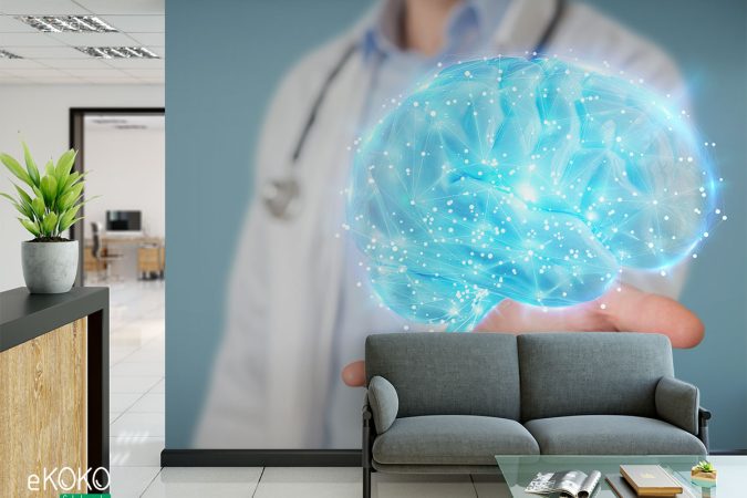 cyfrowy obraz mózgu nad ręką lekarza w fartuchu- fototapeta do gabinetu medycznego