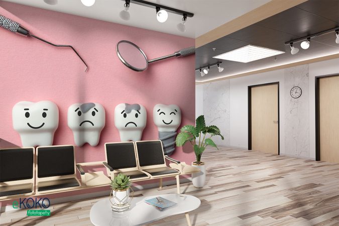 narzędzia dentystyczne i modele zębów w różnym stanie na różowym tle - fototapeta do gabinetu stomatologicznego
