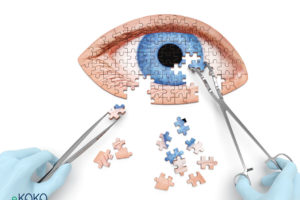 ręce chirurga układają narzędziami puzzle przedstawiające oko - fototapeta do gabinetu okulistycznego