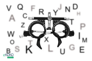oprawa próbna okulistyczna na tle liter z białym tłem - fototapeta do gabinetu okulistycznego