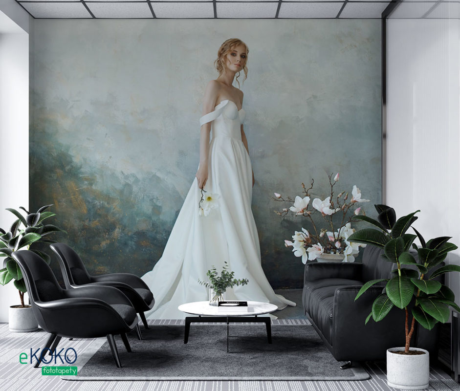 panna młoda w eleganckiej długiej białej sukni – fototapeta do salonu ślubnego