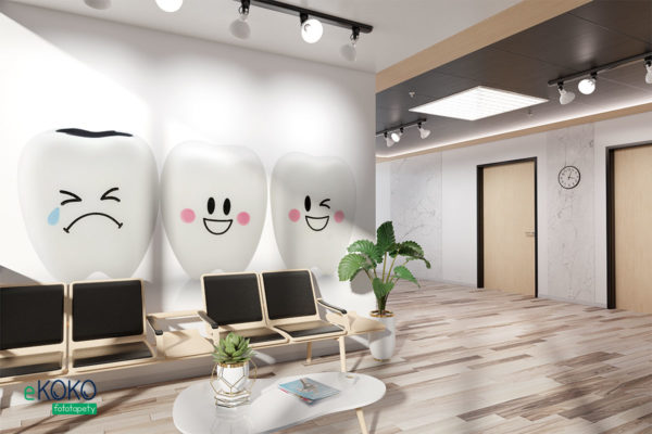 płaczący chory ząb i para uśmiechniętych zdrowych na białym tle - fototapeta do gabinetu stomatologicznego