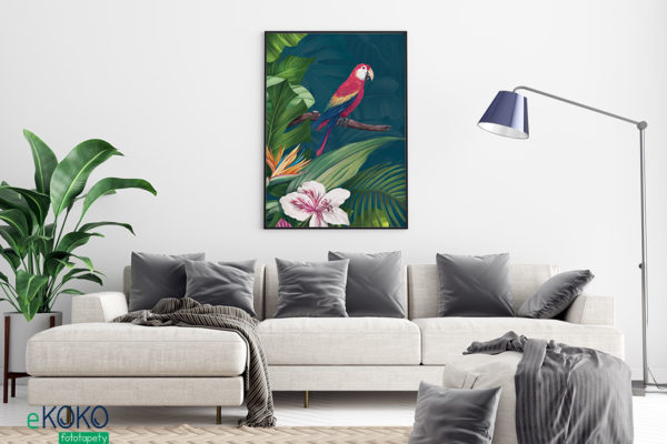 papuga i tropikalne kwiaty z zielonym tłem - artystyczny plakat
