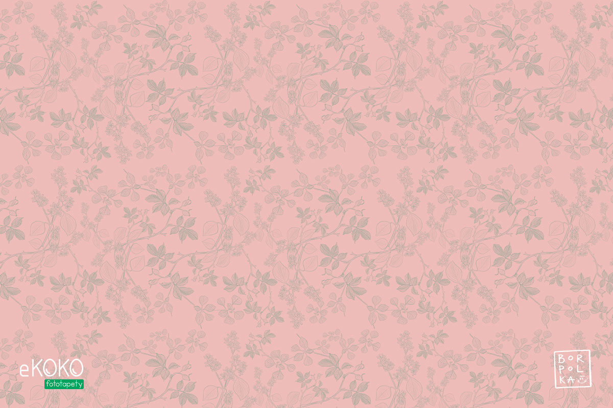 wzór delikatnych zielonych liści leszczyny na różowym tle - fototapeta