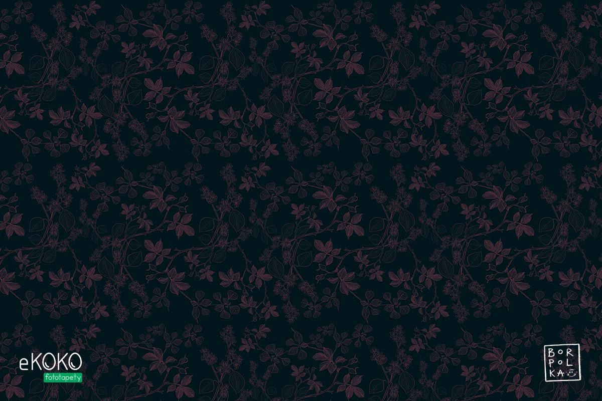 wzór delikatnych różowych liści leszczyny na ciemnym tle - fototapeta