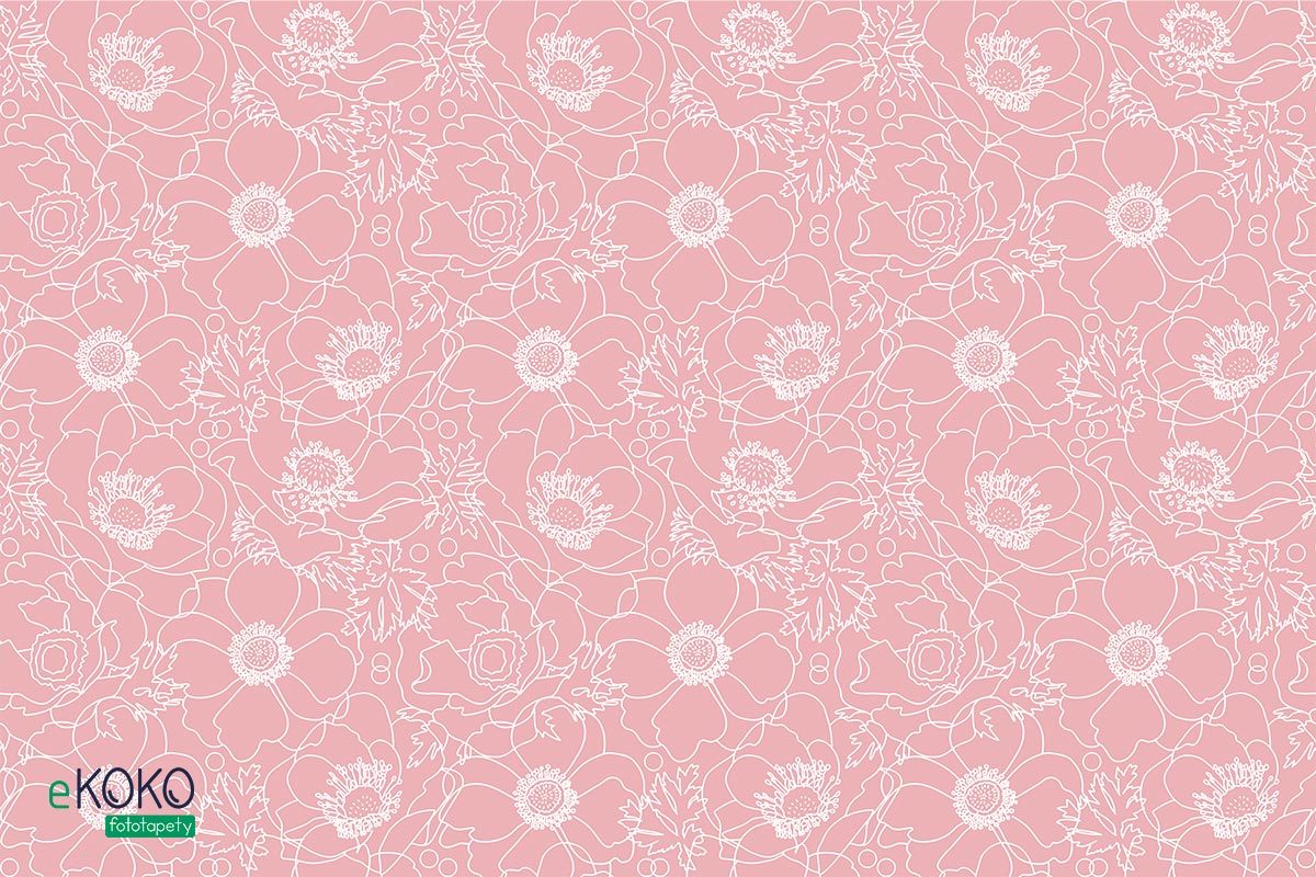 wzór rysowane białe kwiaty maku na różowym tle - fototapeta