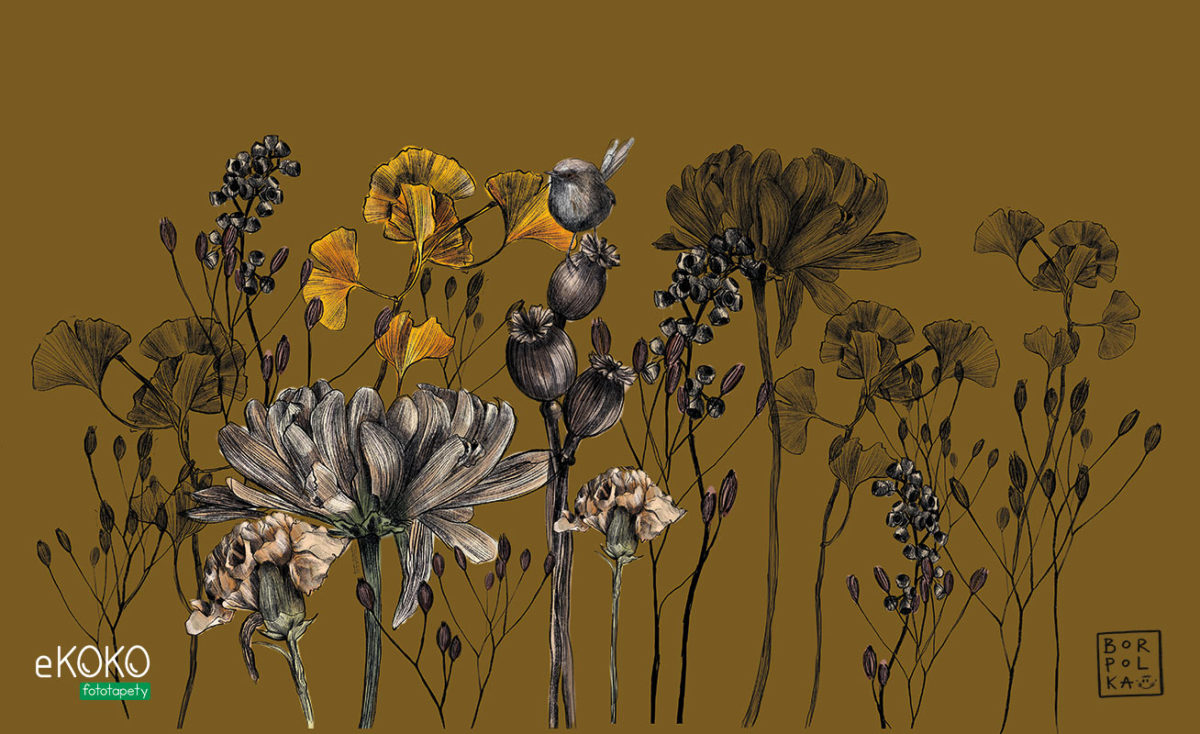kwiaty i łodygi na musztardowym tle - fototapeta