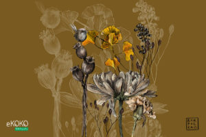 kwiaty i łodygi na musztardowym tle - fototapeta