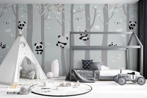 słodkie pandy na drzewach - fototapeta dla dzieci