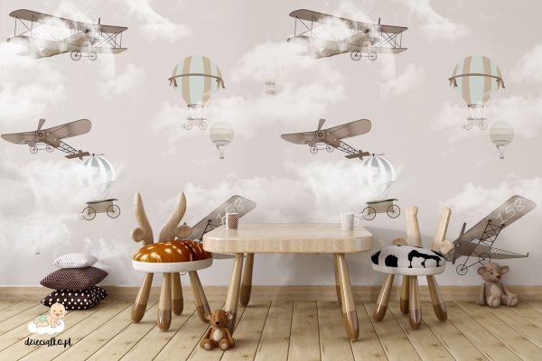 retro samoloty i balony w chmurach - fototapeta dla dzieci