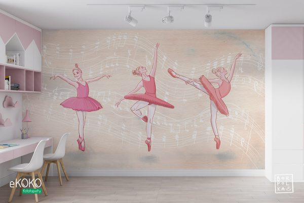 baletnice w tańcu na pomarańczowym tle zapianym nutami - fototapeta dla dzieci