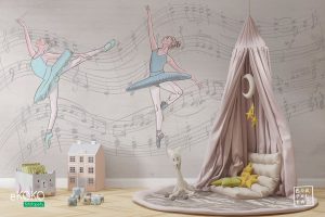 baletnice w tańcu na szarym tle zapianym nutami - fototapeta dla dzieci