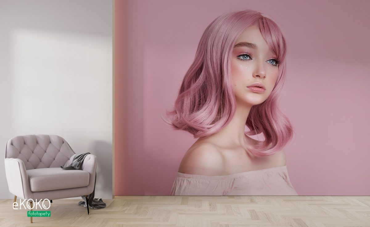 kobieta w różowych podkręconych włosach na różowym tle - fototapeta do salonu fryzjerskiego, kosmetycznego