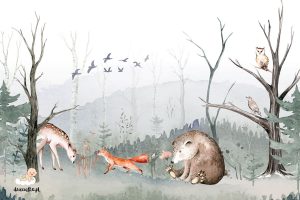 zielona leśna polana ze zwierzętami - fototapeta dla dzieci