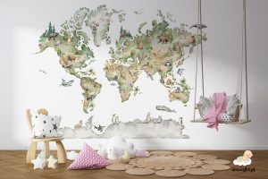 akwarelowa mapa świata ze zwierzętami - fototapeta dla dzieci