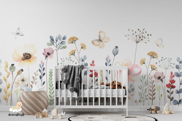 kolorowe polne kwiaty malowane akwarelą na białym tle – fototapeta dla dzieci