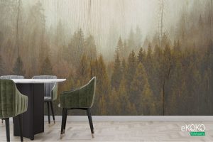 górzysty las na tle drewnianych desek – fototapeta