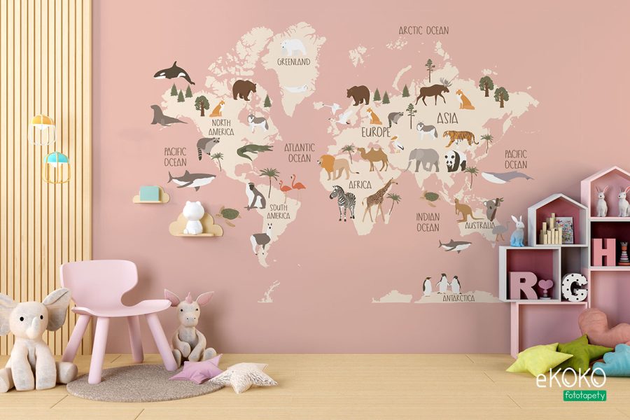 mapa ze zwierzętami na różowym tle – fototapeta dla dzieci
