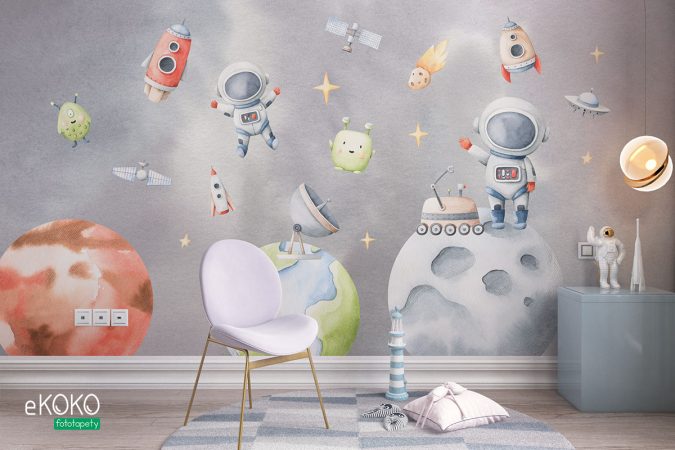 planety, astronauci, statki kosmiczne, satelity i ufoludki na szarym tle – fototapeta dla dzieci