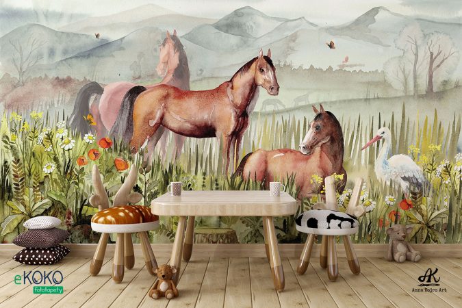 konie i bocian na polanie wśród kwiatów – fototapeta dla dzieci