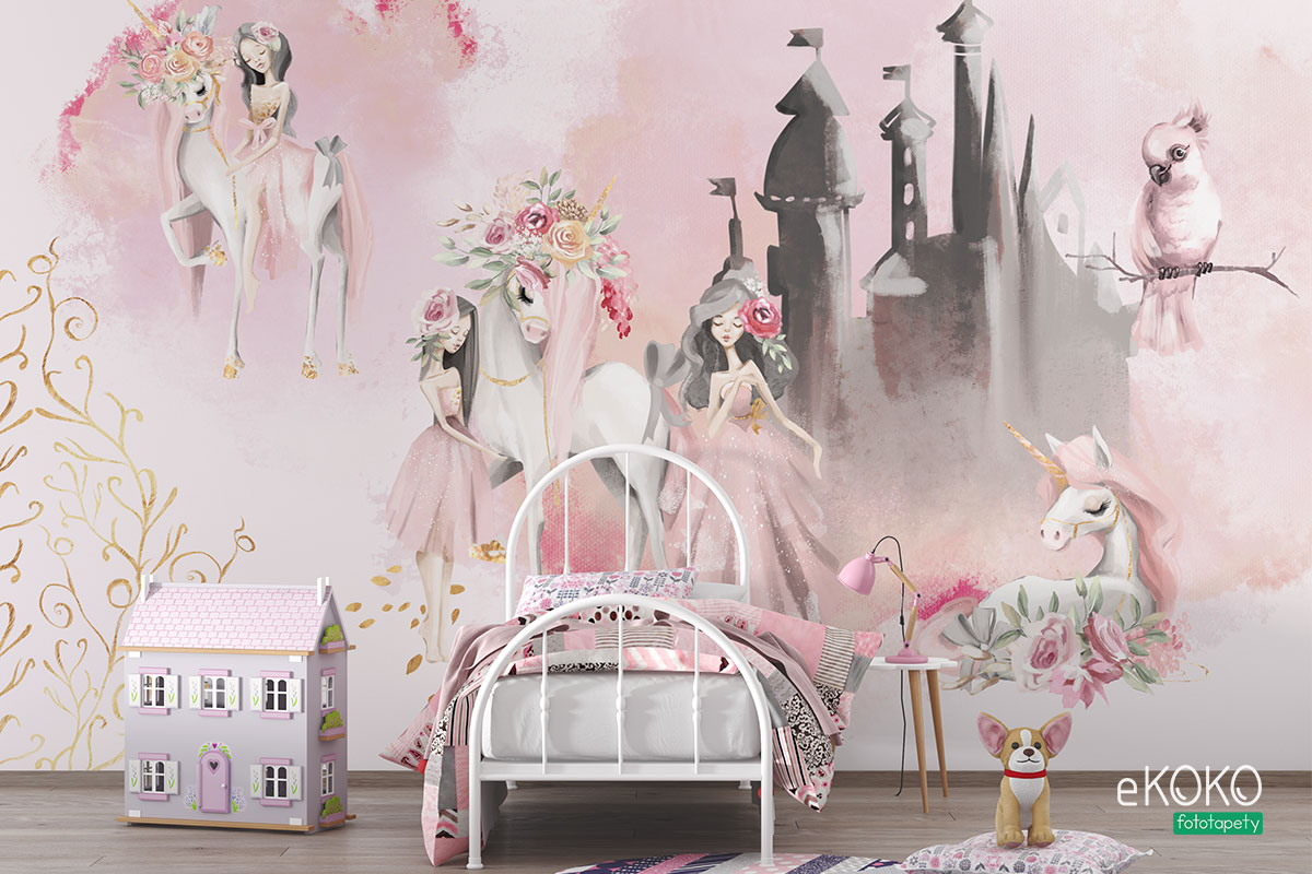 księżniczki i jednorożce na tle zamku - fototapeta dla dzieci