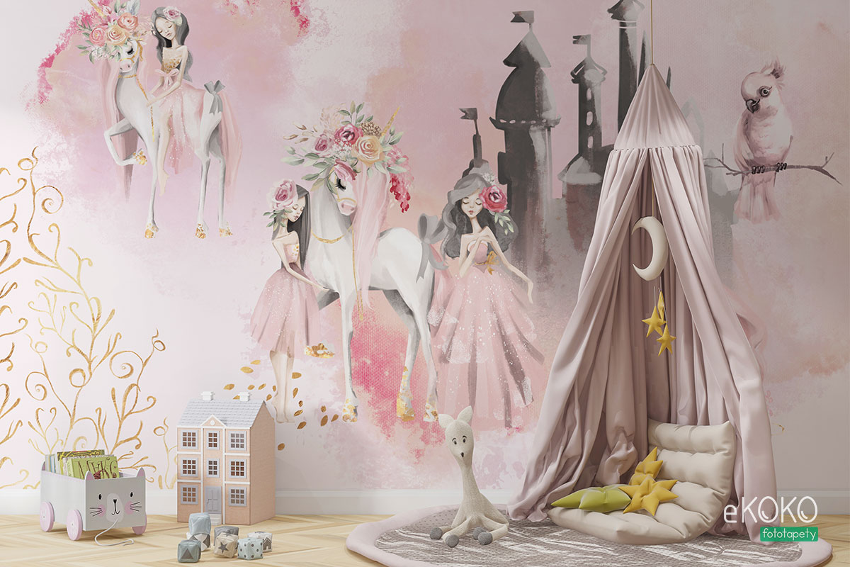 księżniczki i jednorożce na tle zamku - fototapeta dla dzieci