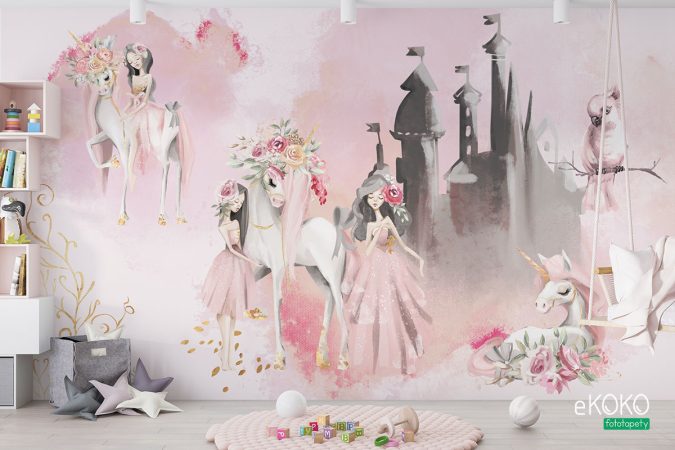 księżniczki i jednorożce na tle zamku - fototapeta dla dzieci