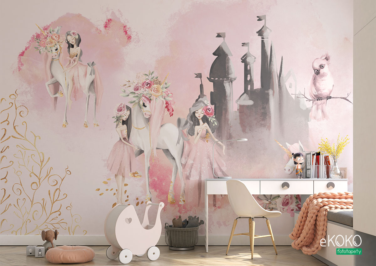 księżniczki i jednorożce na tle zamku - fototapeta dla dzieci