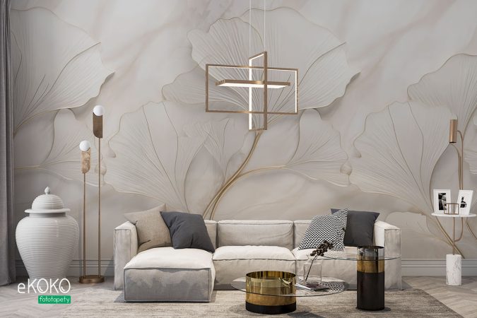 duże perłowe liście ze złotymi akcentami - fototapeta