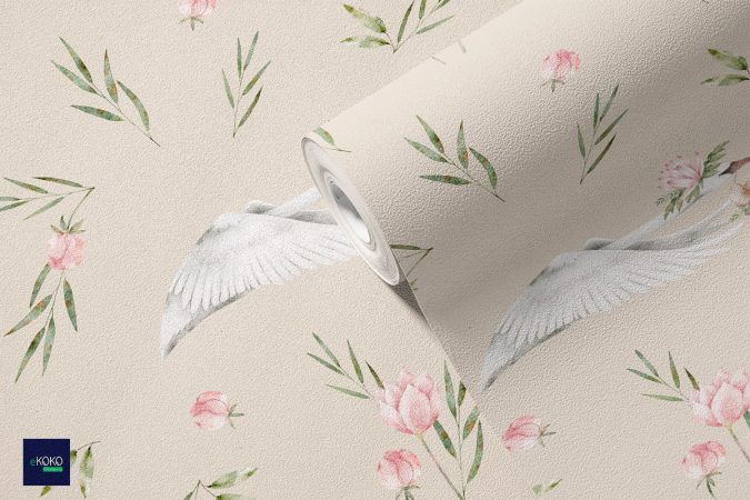 pattern łabędź i mysz wśród kwiatów i liści na beżowym tle - tapeta dla dzieci