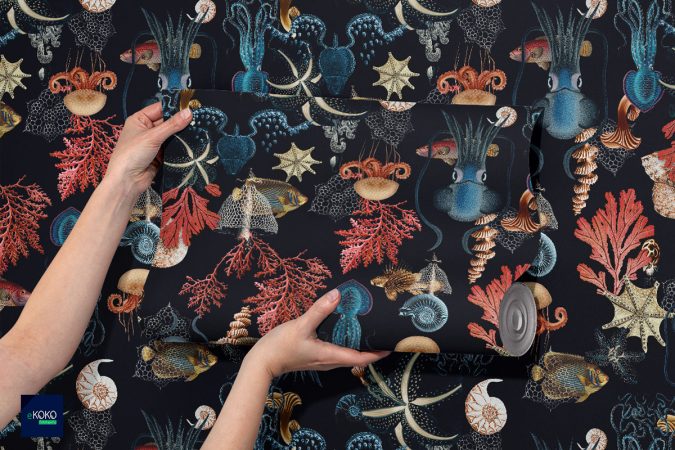 pattern kolorowa morska fauna na czarnym tle - tapeta do każdego wnętrza