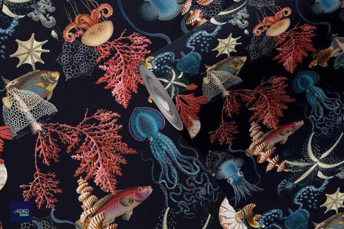 pattern kolorowa morska fauna na czarnym tle - tapeta do każdego wnętrza