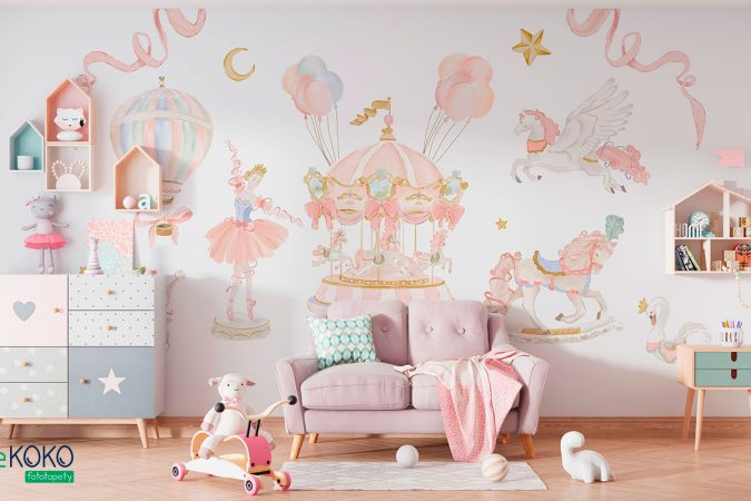 Kolekcja akwareli: łabędzie, jednorożce, konie, księżniczka baletnica - fototapeta dla dzieci