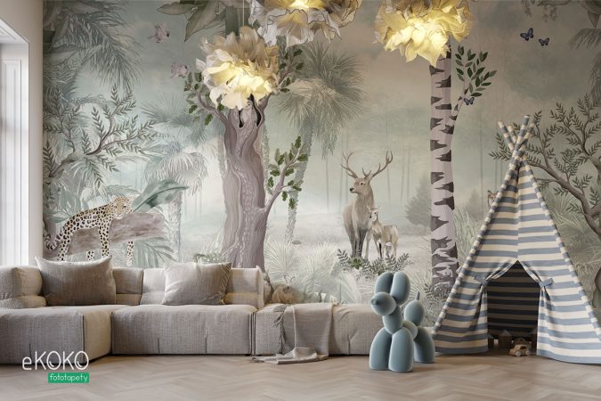 ilustracja dzikich zwierząt wśród różnorodnych drzew - fototapeta dla dzieci